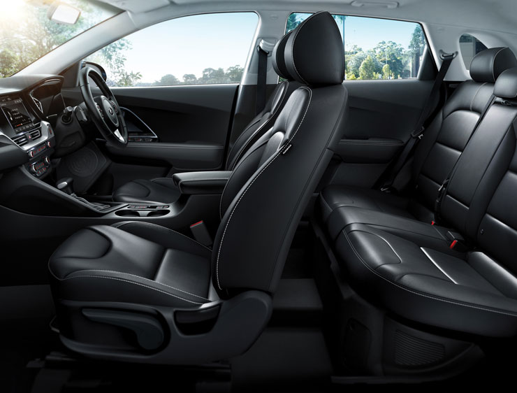 Black leather interior and the seats of Kia Niro SUV