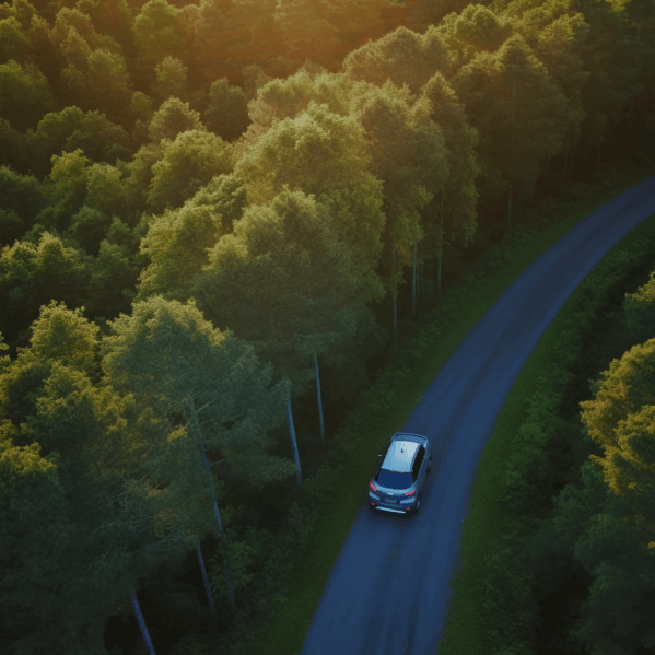 An aerial view of a Kia SUV driving in a forest road