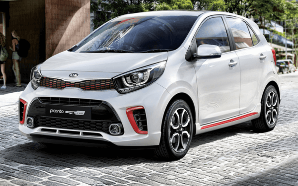 A white color Kia picanto parked in a city street